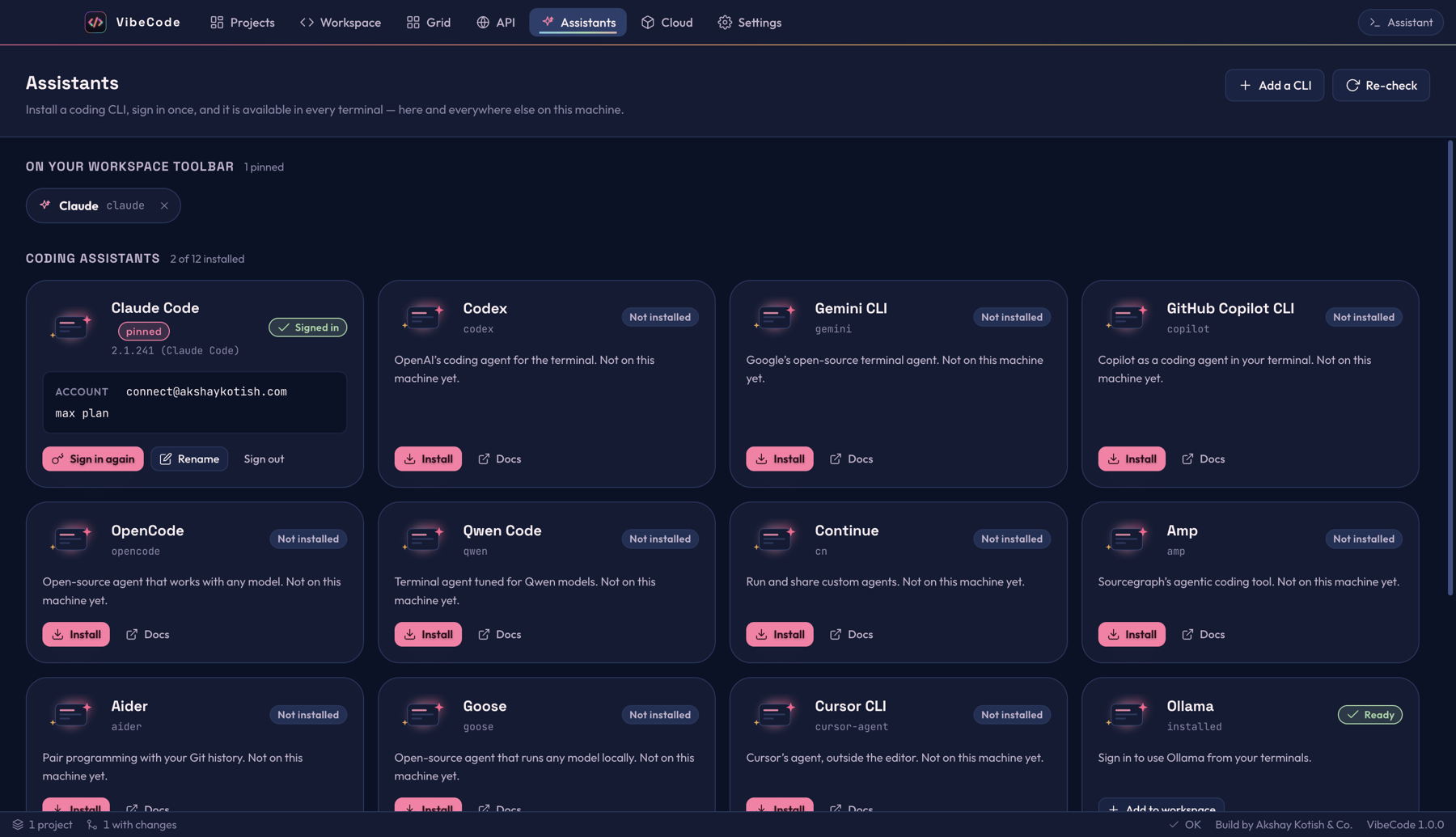 The Assistants tab showing cards for each CLI with its installed version, sign-in state and account.