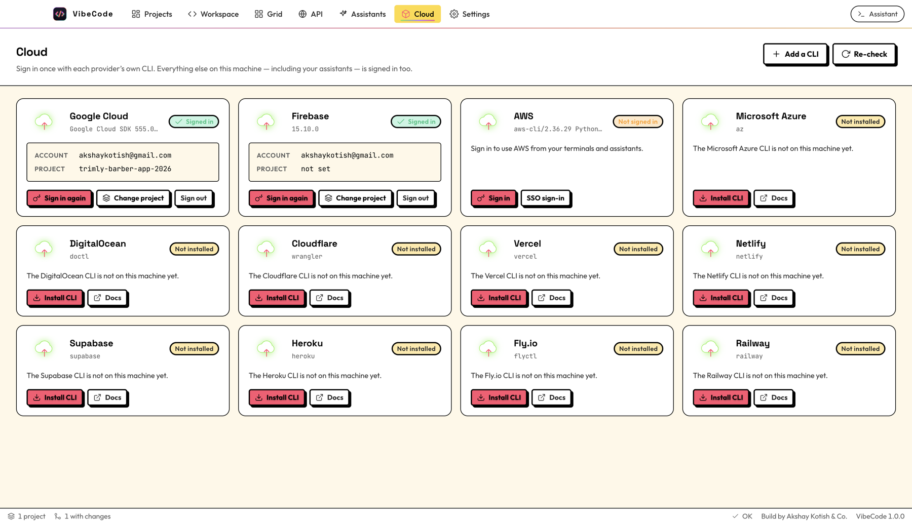 The Cloud tab showing provider cards for Google Cloud, Firebase, AWS and others with sign-in state.