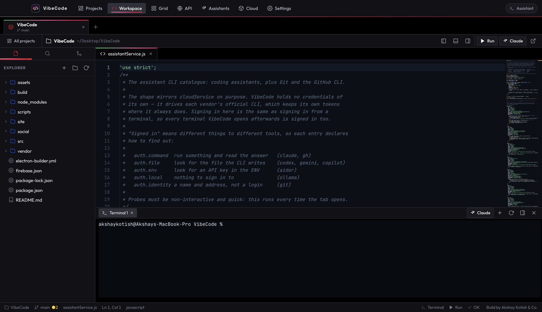 The VibeCode workspace: file explorer, code editor with open tabs, and a terminal docked to the right running an assistant.